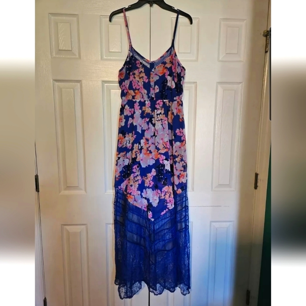 Junior's Candie's Blue Pink Floral Maxi Dress, Size